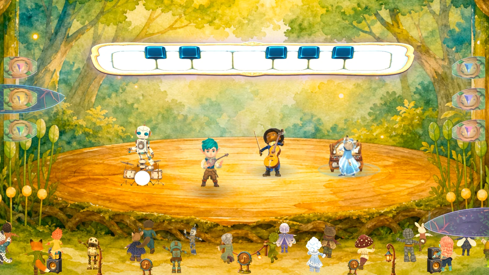 Jambot Quest prototype: four musicians and their audience on a watercolor forest stage
